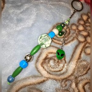 Glow In The Dark Alien Beaded Keychain with Green and Blue Beads And Bell